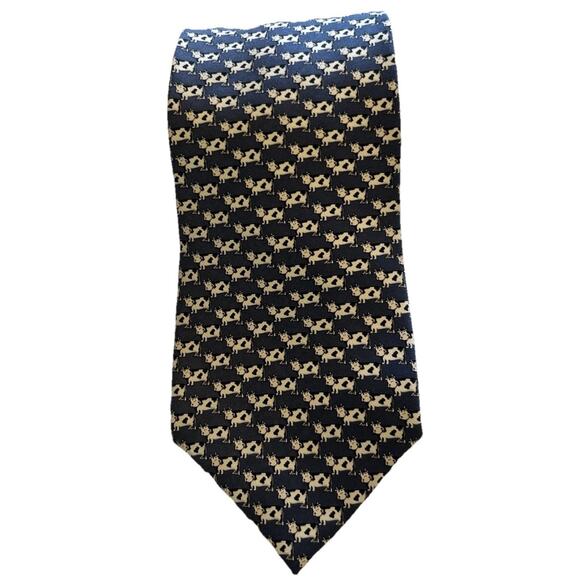 BEAUFORT TIE RACK 3.75” Cow Tie Print Farm Blue Italian Silk Neck Tie Dairy Barn - Picture 2 of 9
